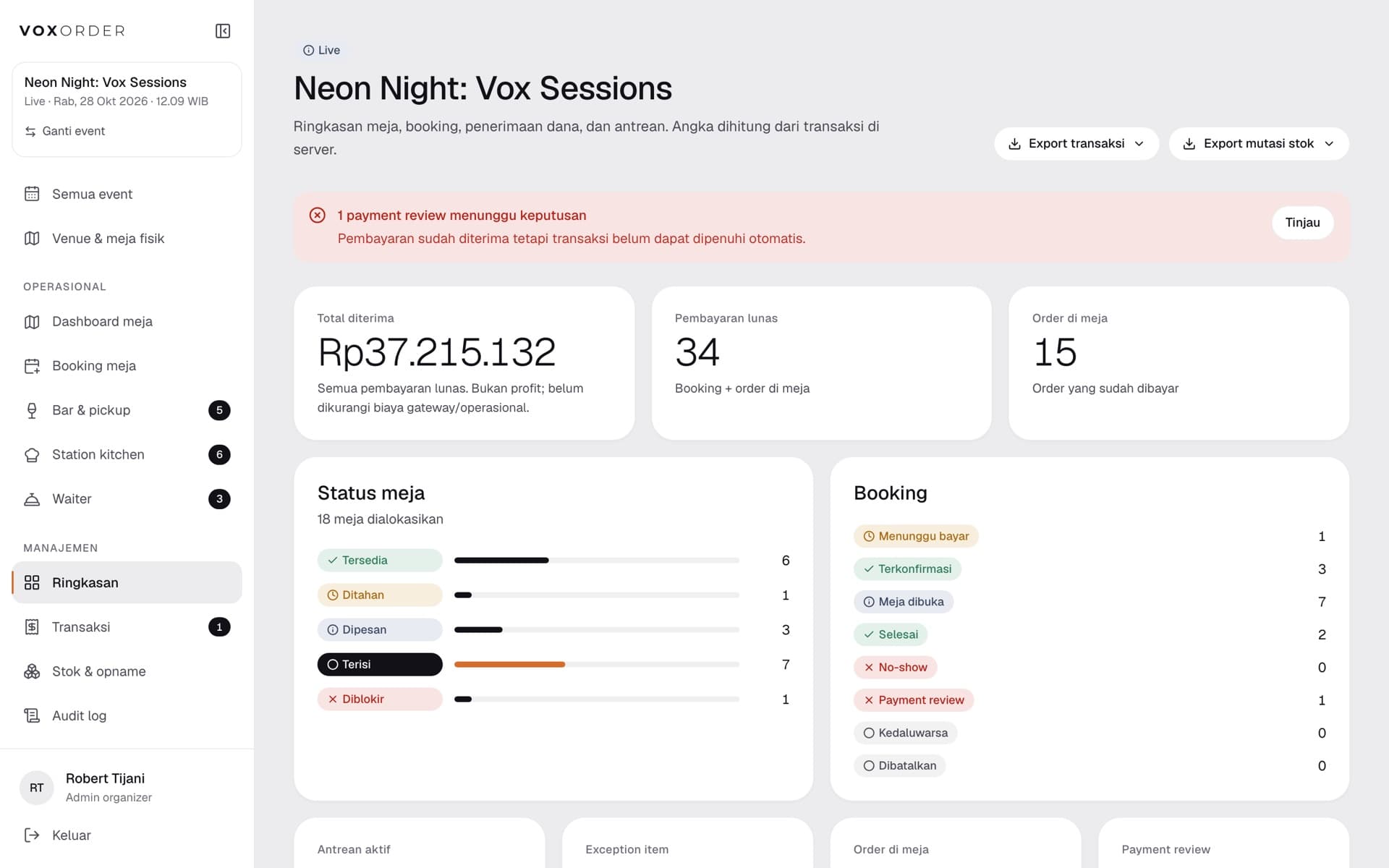 VOXORDER event overview: money received, paid transactions, table status and bookings for a live event