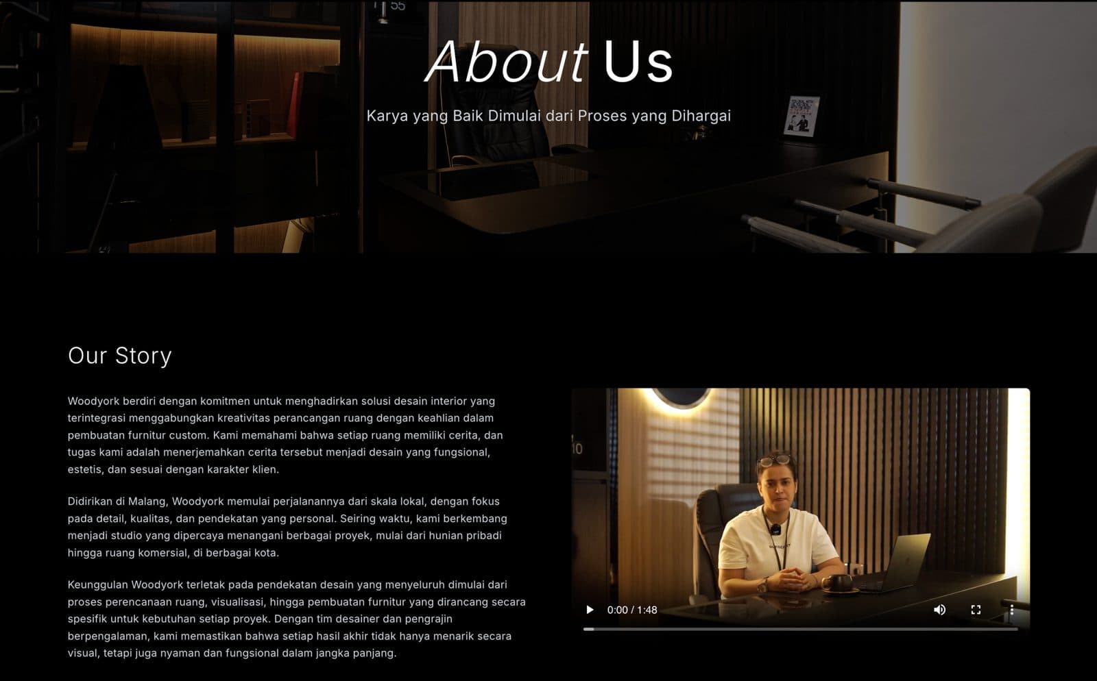 Woodyork About page with the studio’s story and video