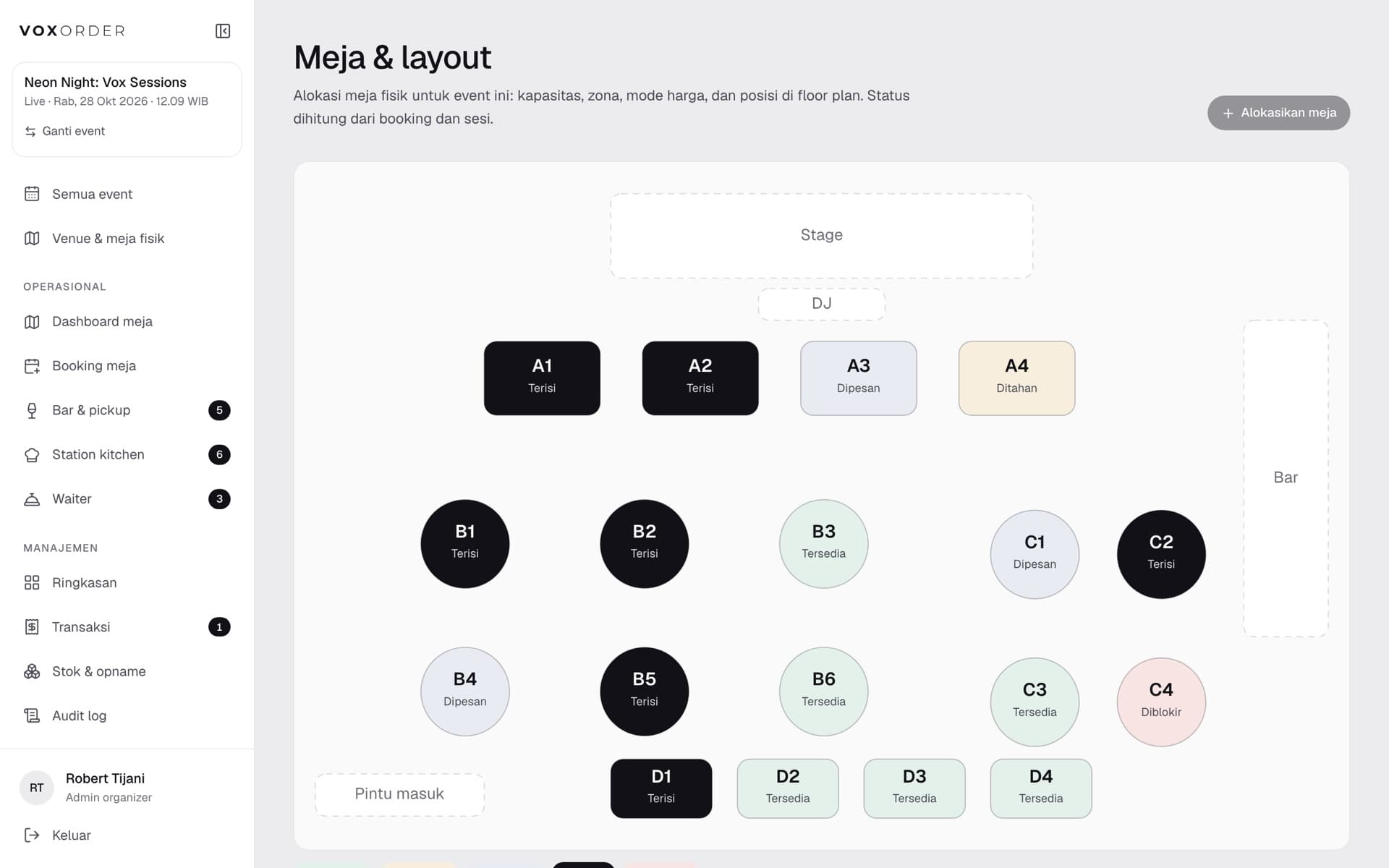 VOXORDER Admin screen: Tables and floor plan per event