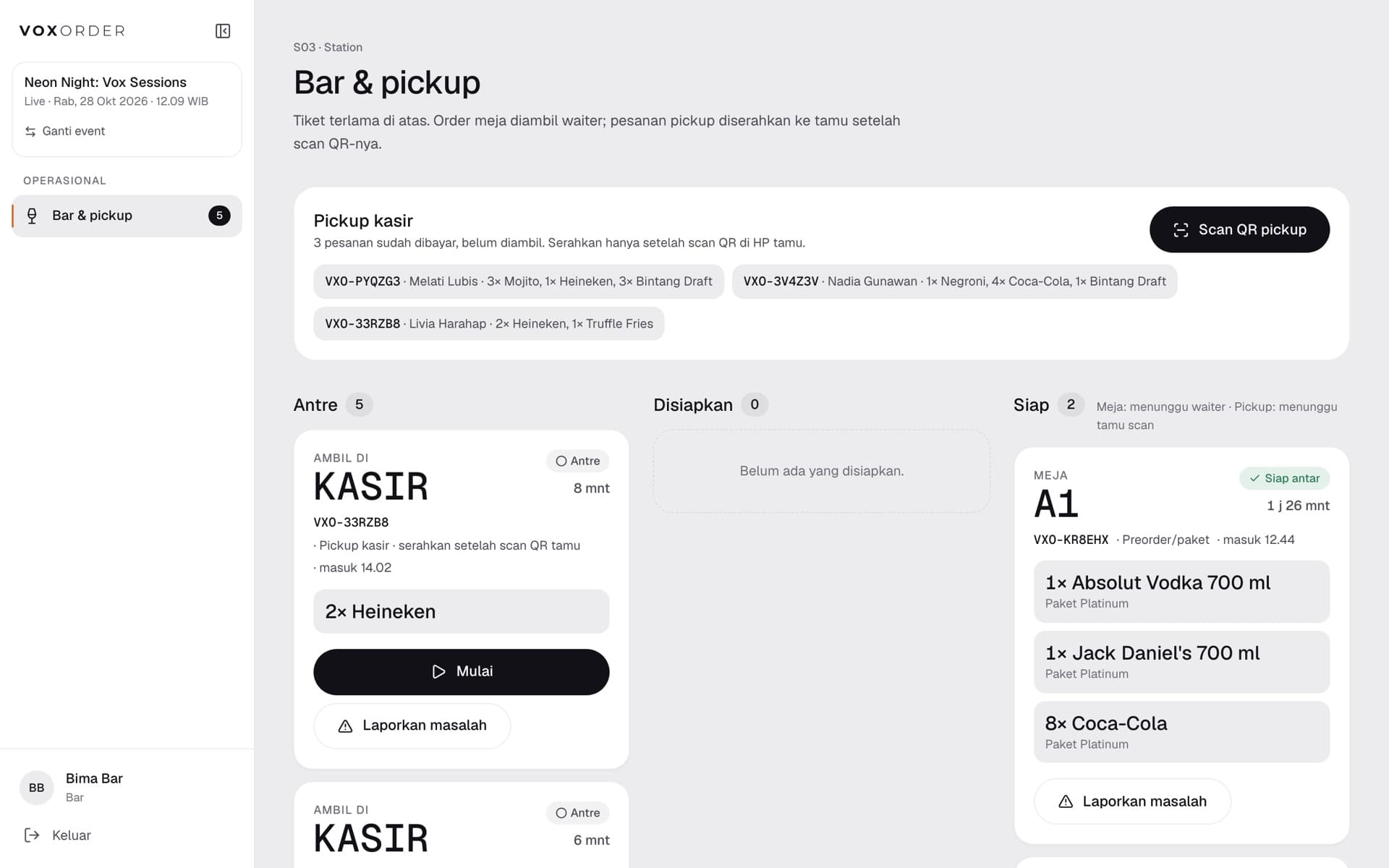 VOXORDER Bar & Kitchen screen: Live station queue and counter pickup