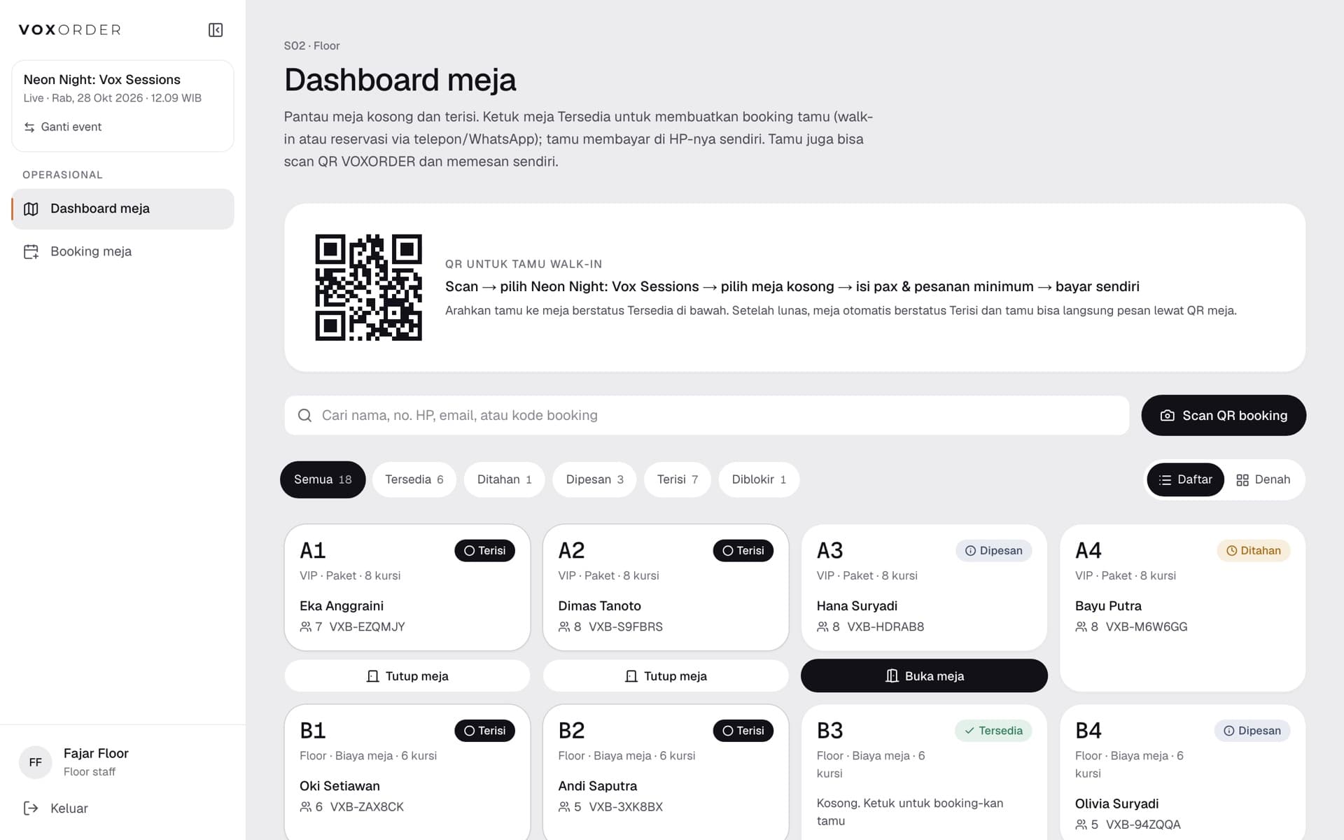 VOXORDER Floor screen: Table dashboard and walk-in QR