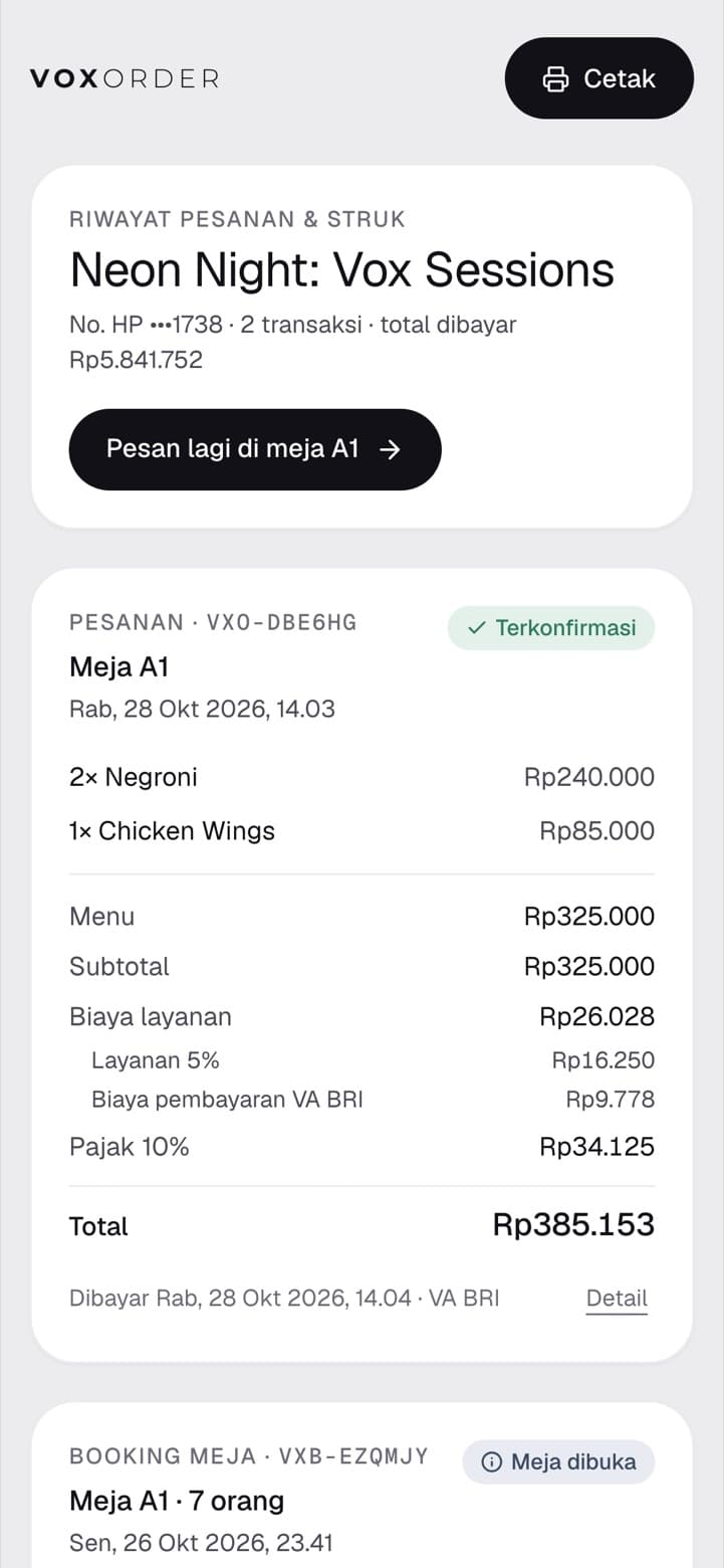 VOXORDER Guest screen: Order history and receipts