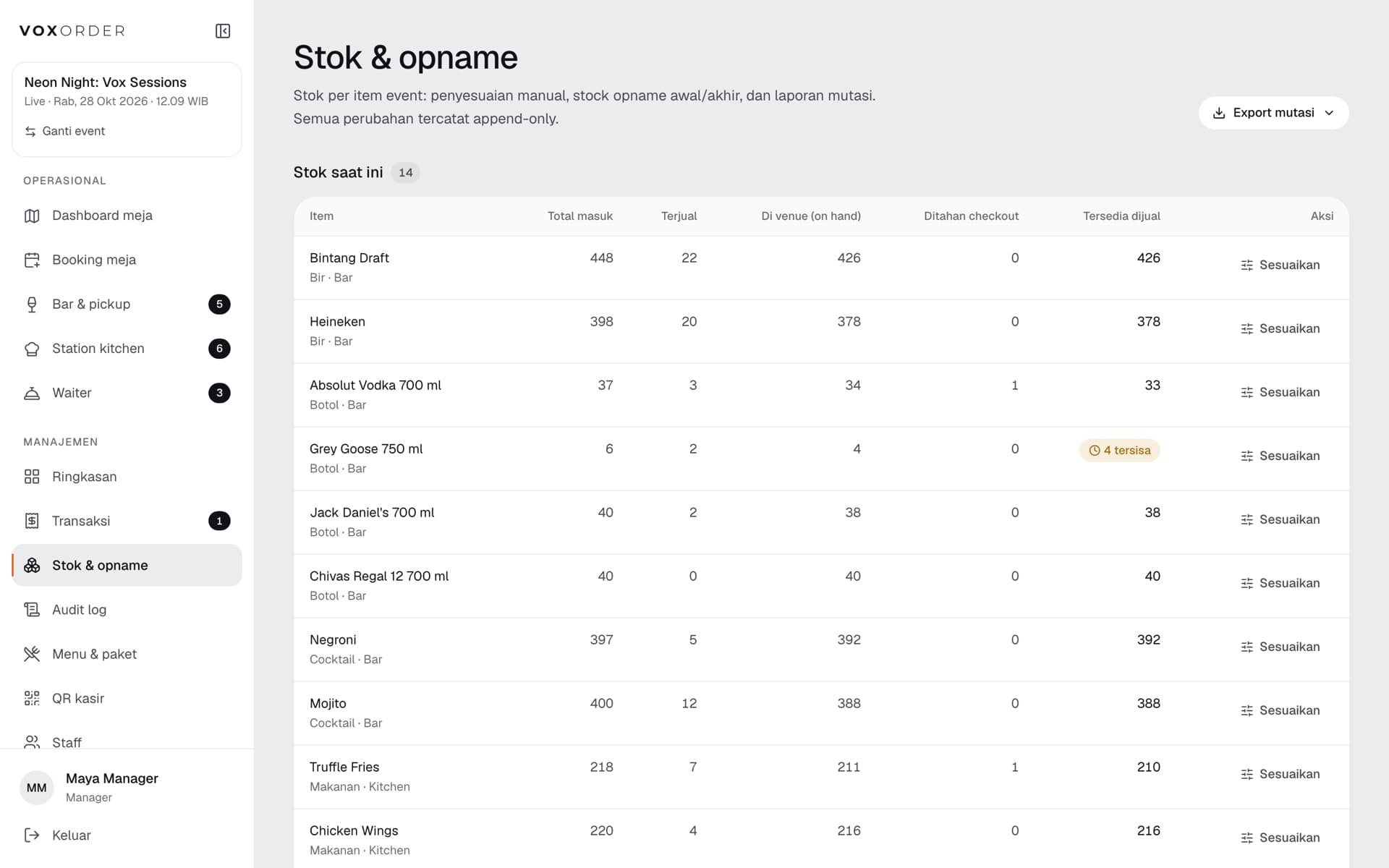 VOXORDER Manager screen: Stock, opname and mutation
