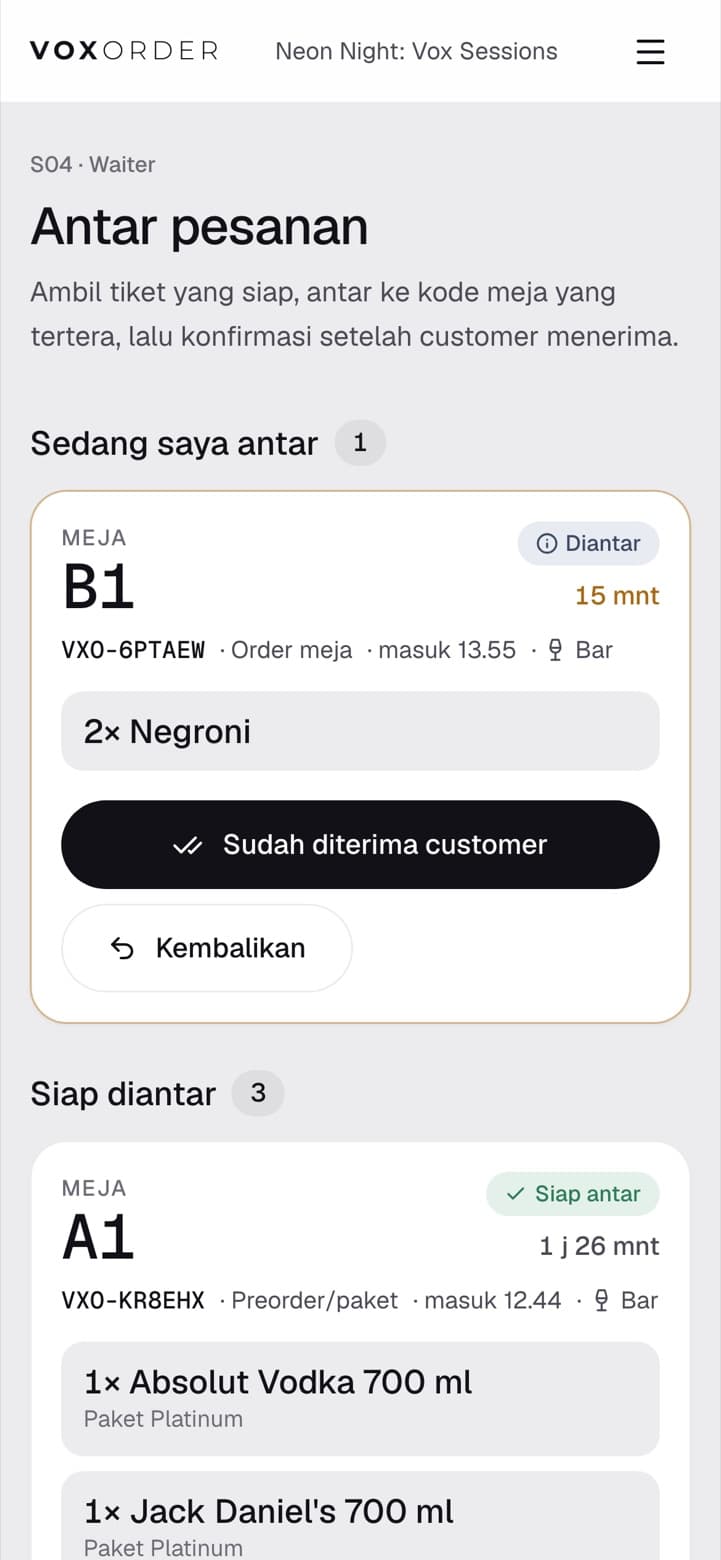 VOXORDER Waiter screen: Claim and deliver ready orders